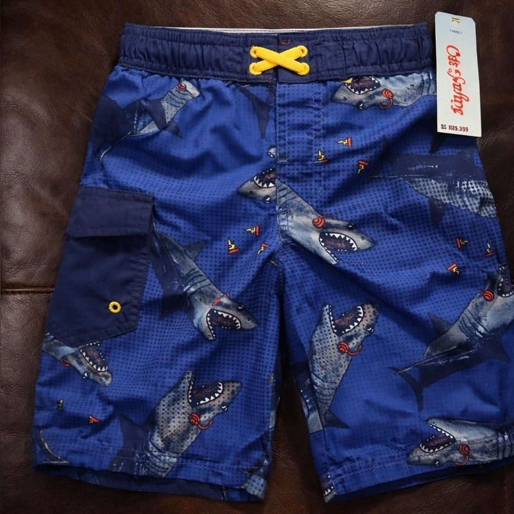 Cat & Jack Boys Shark Swim Trunks S (6/7) Blue NWT